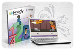Math workbook with a laptop in front of it. The laptop has a math game on the screen. 